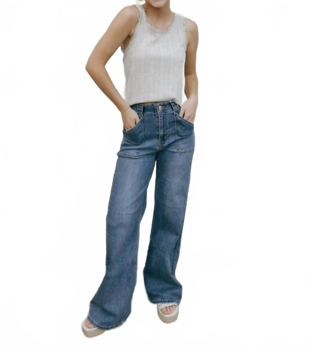 NEW JUST BLACK DENIM patch pocket wide leg flare jeans in medium denim
